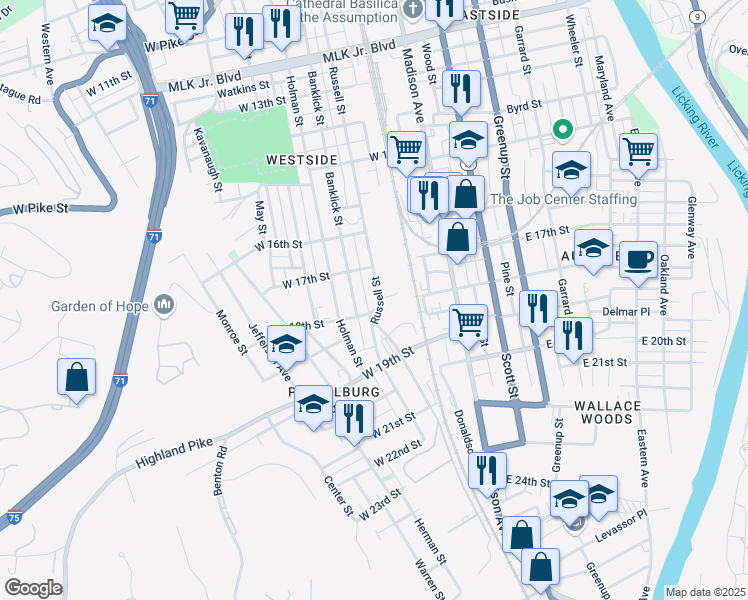 map of restaurants, bars, coffee shops, grocery stores, and more near 1731 Russell Street in Covington