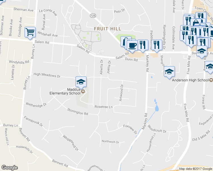 map of restaurants, bars, coffee shops, grocery stores, and more near 989 Anderson Hills Drive in Cincinnati