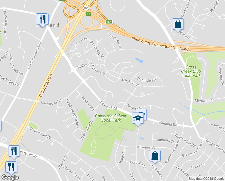 map of restaurants, bars, coffee shops, grocery stores, and more near 2928 Marlow Farm Terrace in Silver Spring