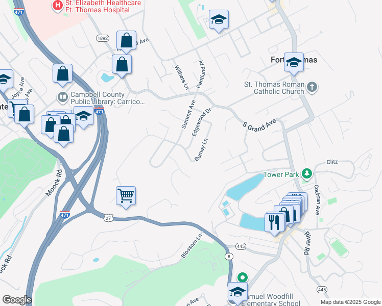 map of restaurants, bars, coffee shops, grocery stores, and more near 117 Burney Ln in Fort Thomas