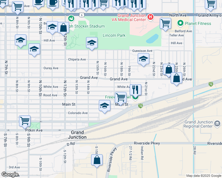 map of restaurants, bars, coffee shops, grocery stores, and more near 1615 White Avenue in Grand Junction