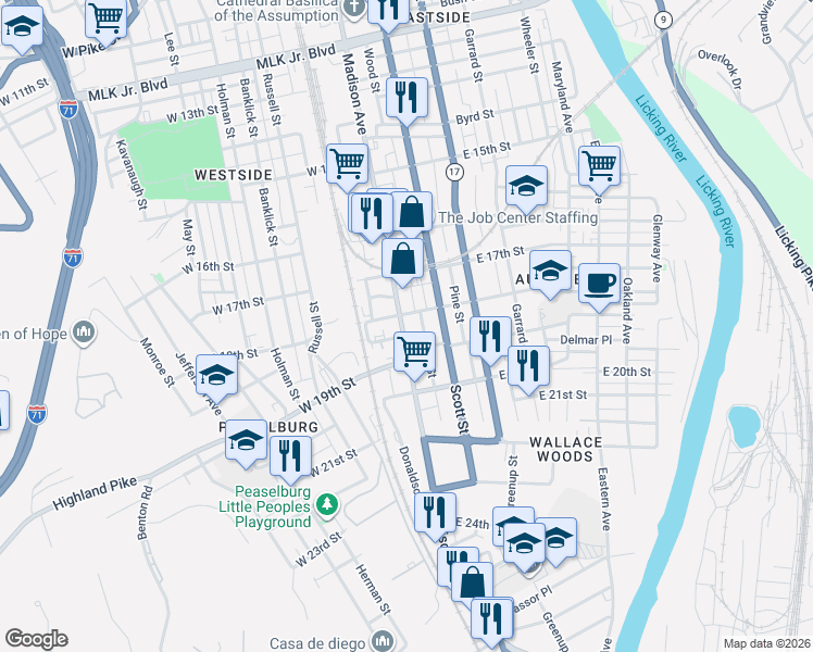 map of restaurants, bars, coffee shops, grocery stores, and more near 1814 Pearl Street in Covington