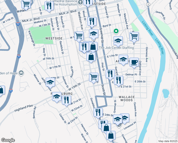 map of restaurants, bars, coffee shops, grocery stores, and more near 11 West 18th Street in Covington