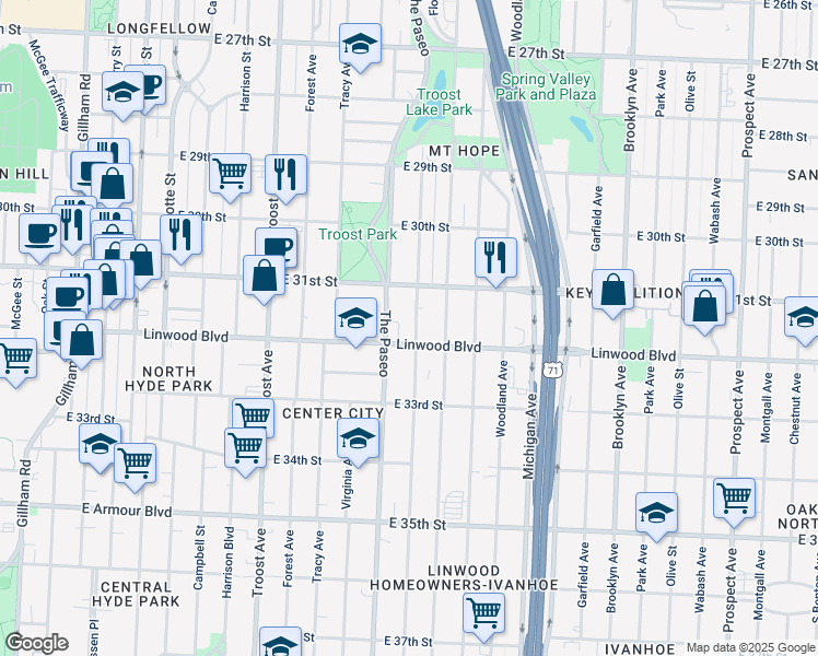 map of restaurants, bars, coffee shops, grocery stores, and more near 3136 Flora Avenue in Kansas City