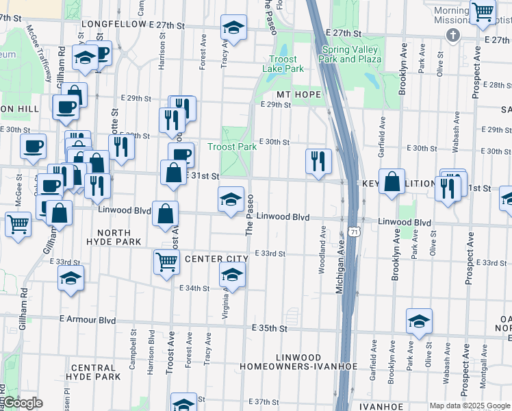 map of restaurants, bars, coffee shops, grocery stores, and more near 3136 Flora Avenue in Kansas City