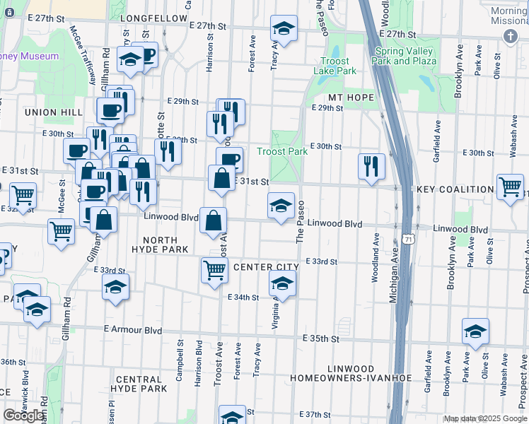 map of restaurants, bars, coffee shops, grocery stores, and more near 1224 Linwood Boulevard in Kansas City