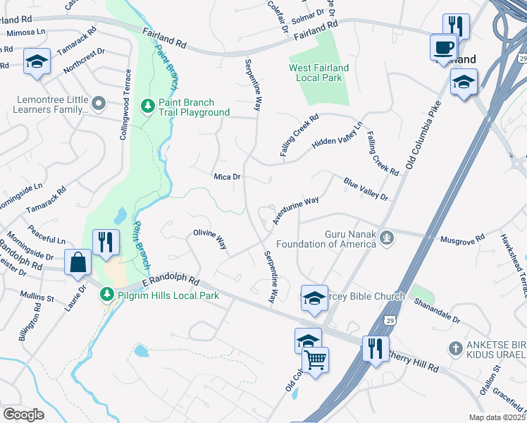 map of restaurants, bars, coffee shops, grocery stores, and more near 2113 Harlequin Terrace in Silver Spring