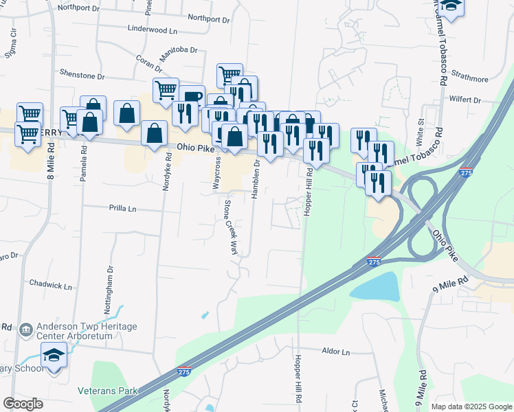 map of restaurants, bars, coffee shops, grocery stores, and more near 3998 Hamblen Drive in Cincinnati