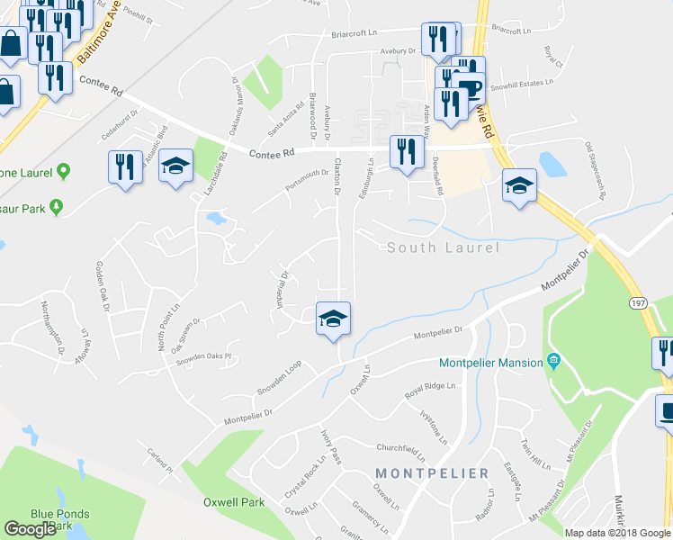 map of restaurants, bars, coffee shops, grocery stores, and more near 12920 Claxton Drive in Laurel