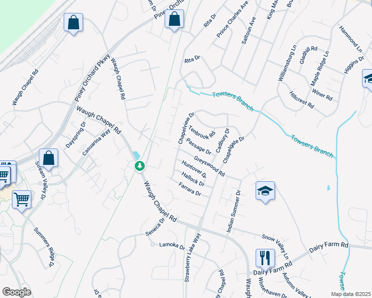 map of restaurants, bars, coffee shops, grocery stores, and more near 1335 Greyswood Road in Odenton