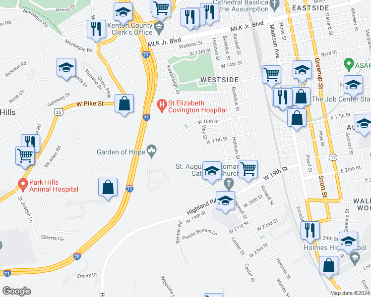 map of restaurants, bars, coffee shops, grocery stores, and more near 1627 Jefferson Ave in Covington