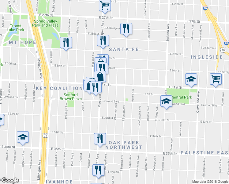 map of restaurants, bars, coffee shops, grocery stores, and more near 3116 Chestnut Avenue in Kansas City