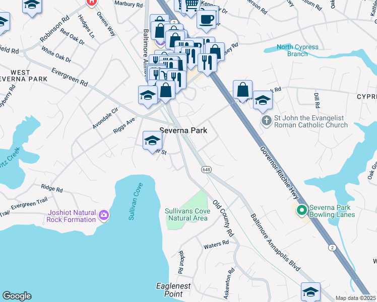 map of restaurants, bars, coffee shops, grocery stores, and more near 201 Old County Road in Severna Park