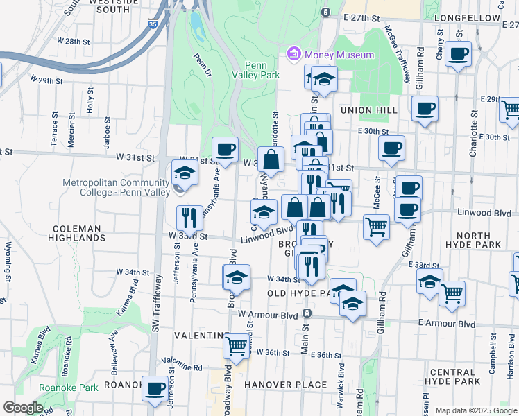 map of restaurants, bars, coffee shops, grocery stores, and more near 3205 Central Street in Kansas City