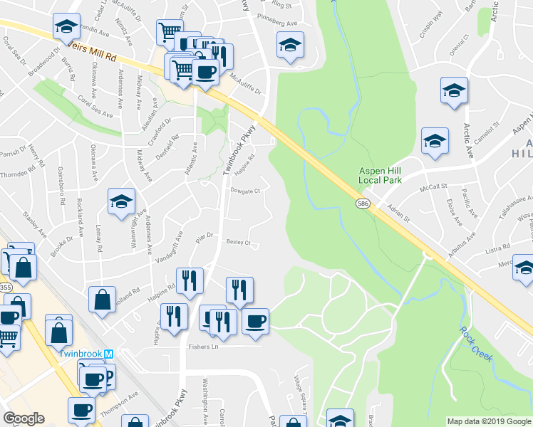 map of restaurants, bars, coffee shops, grocery stores, and more near 5508 Dowgate Court in Rockville