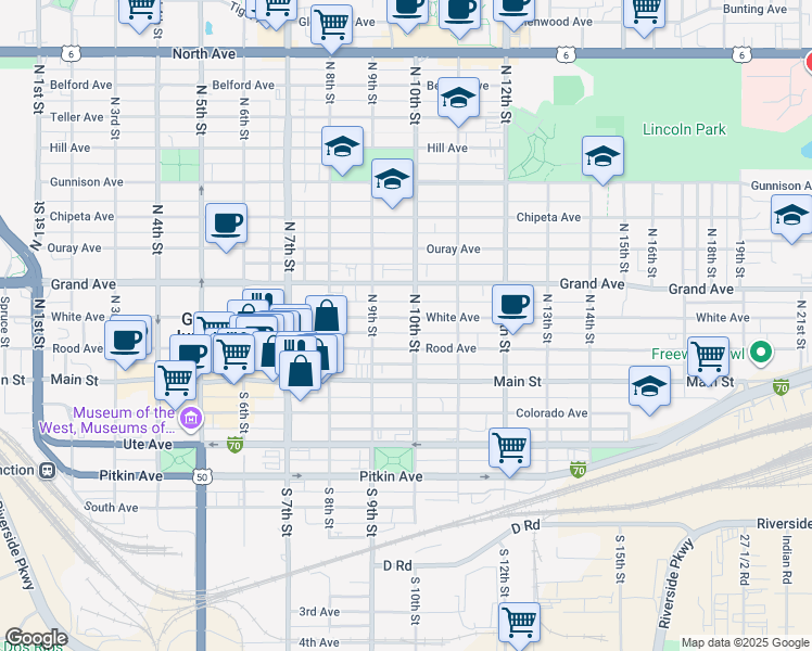 map of restaurants, bars, coffee shops, grocery stores, and more near 951 White Avenue in Grand Junction
