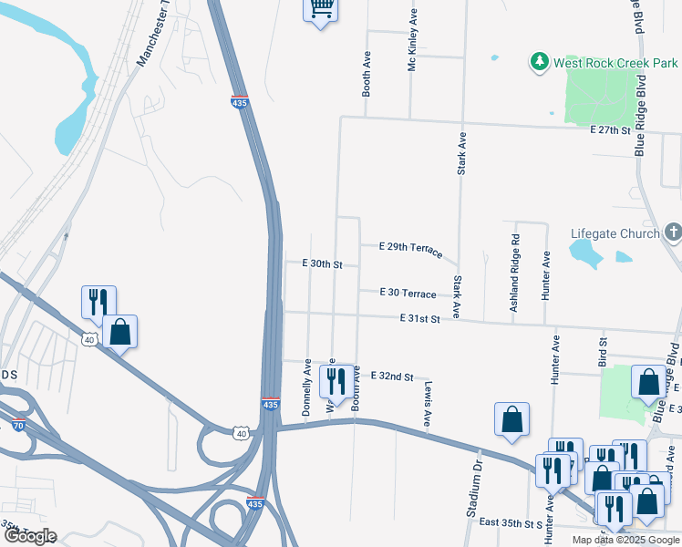 map of restaurants, bars, coffee shops, grocery stores, and more near 3005 Wallace Avenue in Kansas City