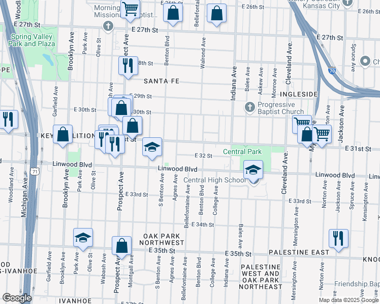 map of restaurants, bars, coffee shops, grocery stores, and more near 3016 East 32 Street in Kansas City