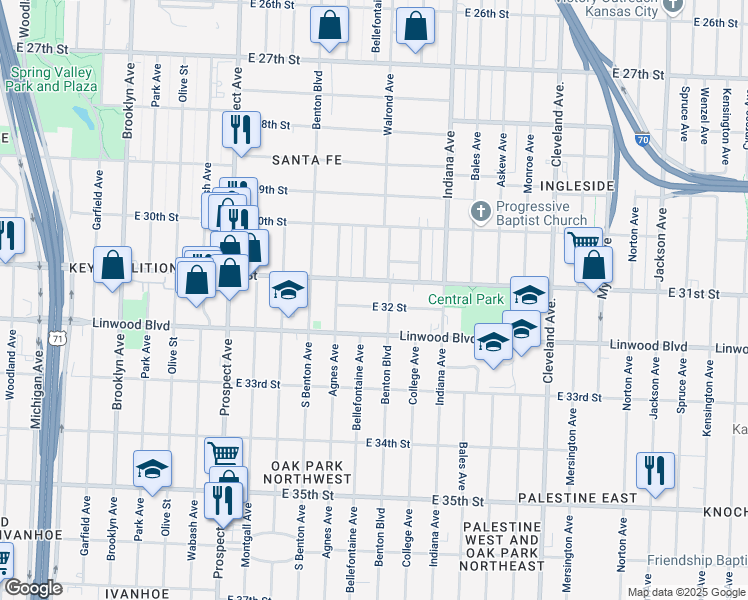 map of restaurants, bars, coffee shops, grocery stores, and more near 3040 East 32 Street in Kansas City