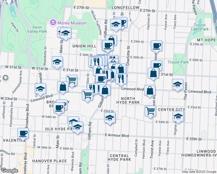 map of restaurants, bars, coffee shops, grocery stores, and more near 514 Linwood Boulevard in Kansas City