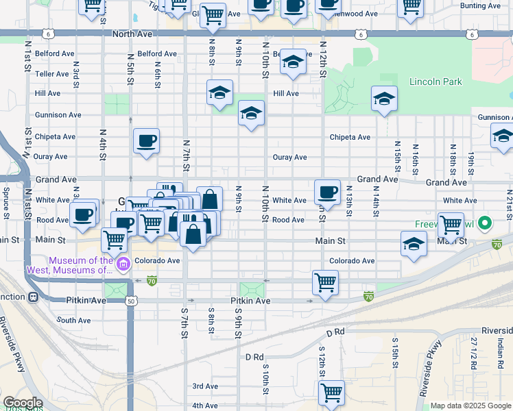 map of restaurants, bars, coffee shops, grocery stores, and more near 947 White Avenue in Grand Junction