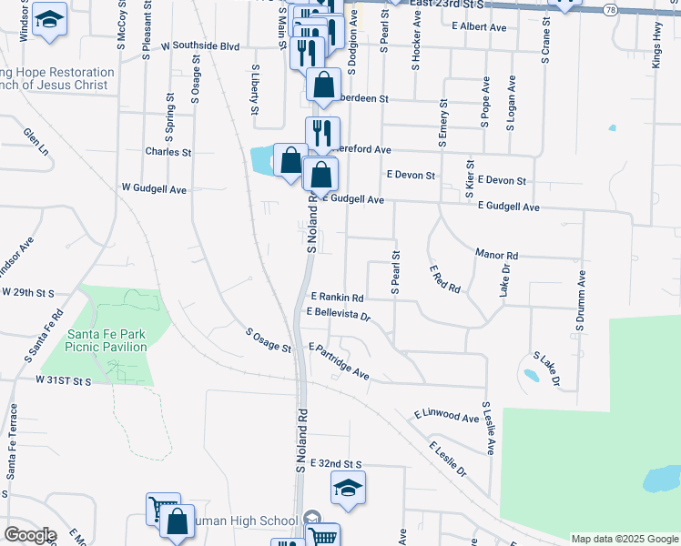 map of restaurants, bars, coffee shops, grocery stores, and more near 1810 South Dodgion Avenue in Independence