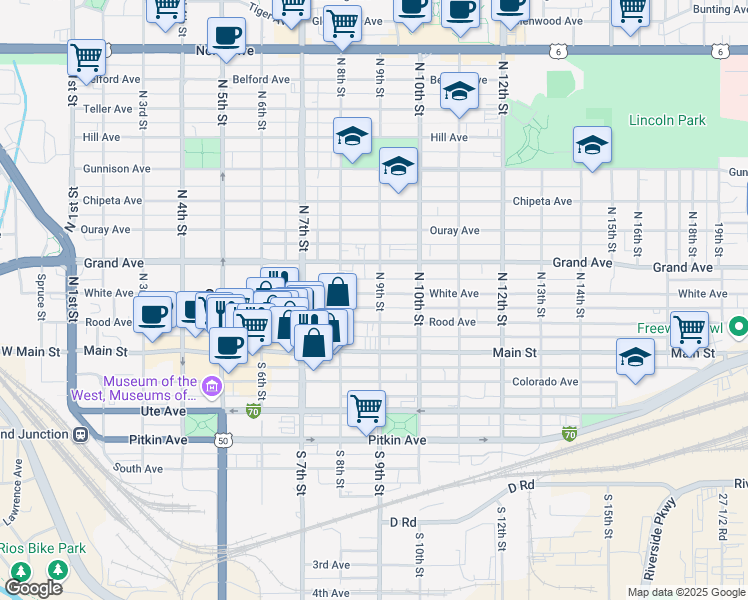 map of restaurants, bars, coffee shops, grocery stores, and more near 857 White Avenue in Grand Junction