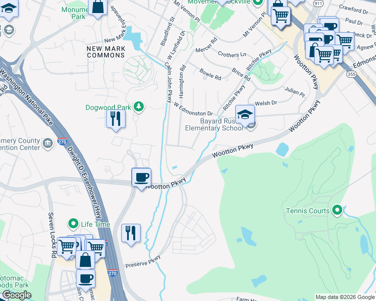 map of restaurants, bars, coffee shops, grocery stores, and more near 807 Leverton Road in Rockville