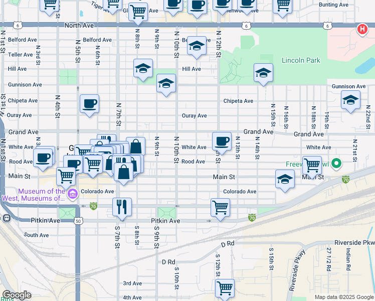 map of restaurants, bars, coffee shops, grocery stores, and more near 1035 White Avenue in Grand Junction
