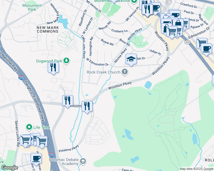 map of restaurants, bars, coffee shops, grocery stores, and more near 145 Wootton Oaks Court in Rockville