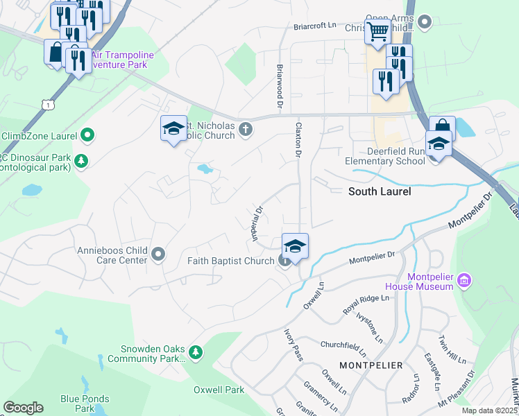 map of restaurants, bars, coffee shops, grocery stores, and more near 8491 Imperial Drive in Laurel
