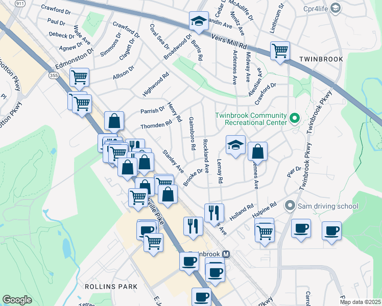 map of restaurants, bars, coffee shops, grocery stores, and more near 2011 Gainsboro Road in Rockville