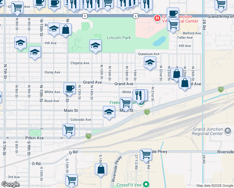 map of restaurants, bars, coffee shops, grocery stores, and more near 1635 White Avenue in Grand Junction
