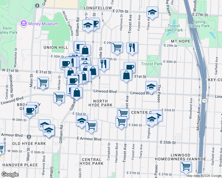 map of restaurants, bars, coffee shops, grocery stores, and more near 900 Linwood Boulevard in Kansas City