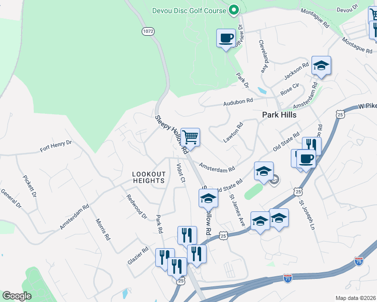 map of restaurants, bars, coffee shops, grocery stores, and more near 1506 Sleepy Hollow Road in Park Hills