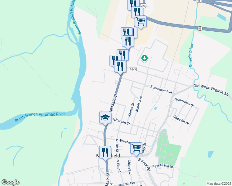 map of restaurants, bars, coffee shops, grocery stores, and more near 508 North Main Street in Moorefield