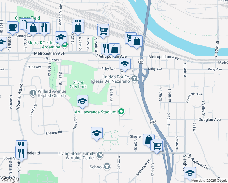 map of restaurants, bars, coffee shops, grocery stores, and more near 1717 South 23rd Street in Kansas City