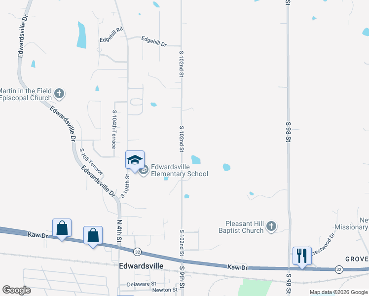 map of restaurants, bars, coffee shops, grocery stores, and more near 1701 South 102nd Street in Edwardsville