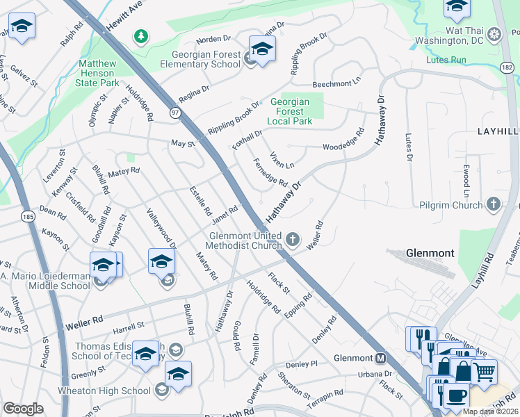map of restaurants, bars, coffee shops, grocery stores, and more near 7 Foxhall Court in Silver Spring