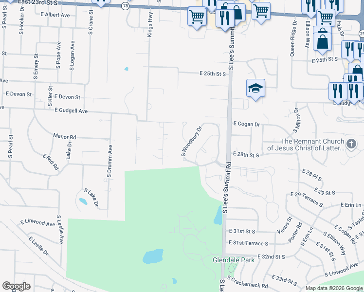 map of restaurants, bars, coffee shops, grocery stores, and more near 2804 South Woodbury Drive in Independence