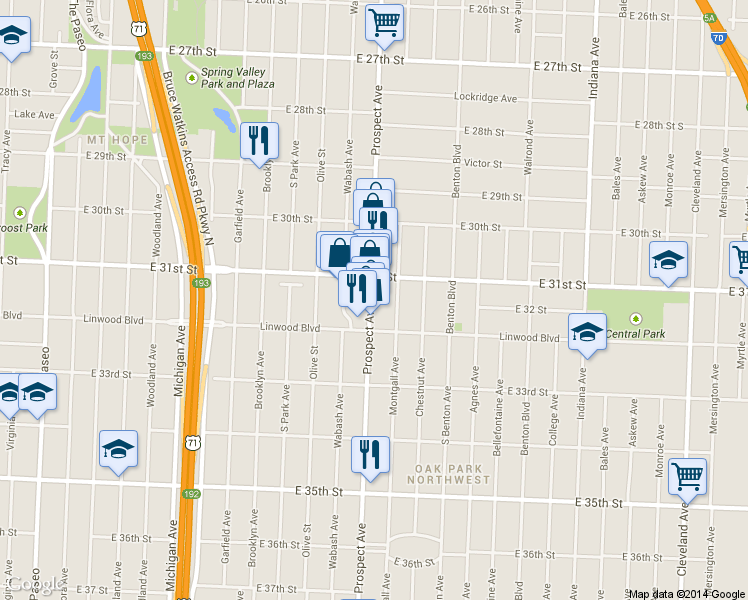 map of restaurants, bars, coffee shops, grocery stores, and more near 3121 Prospect Ave in Kansas City