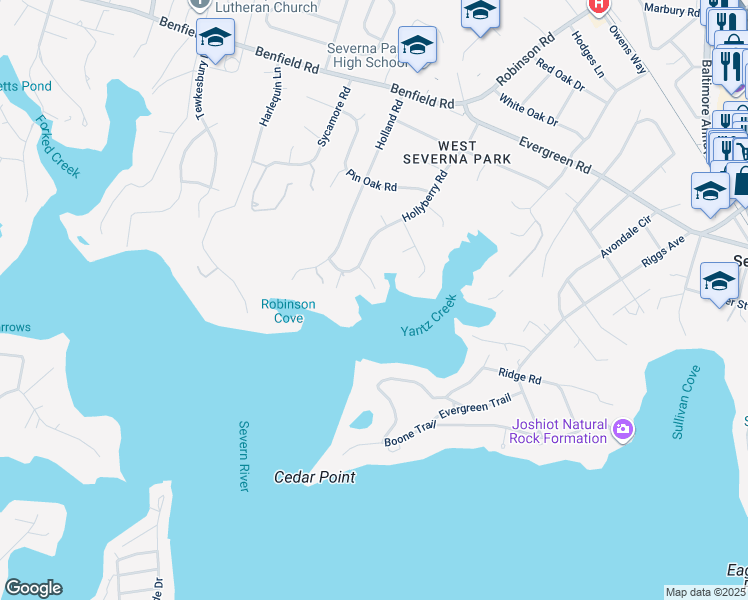 map of restaurants, bars, coffee shops, grocery stores, and more near 508 Ashberry Lane in Severna Park