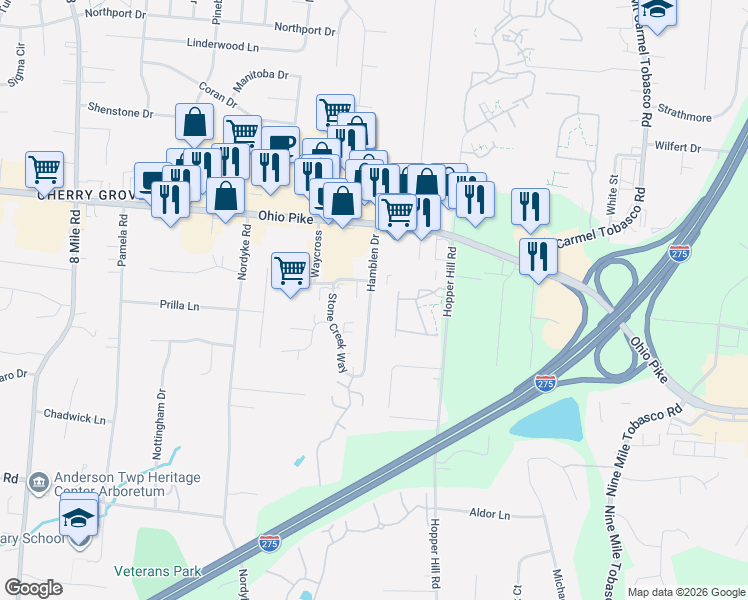 map of restaurants, bars, coffee shops, grocery stores, and more near 3998 Hamblen Drive in Cincinnati