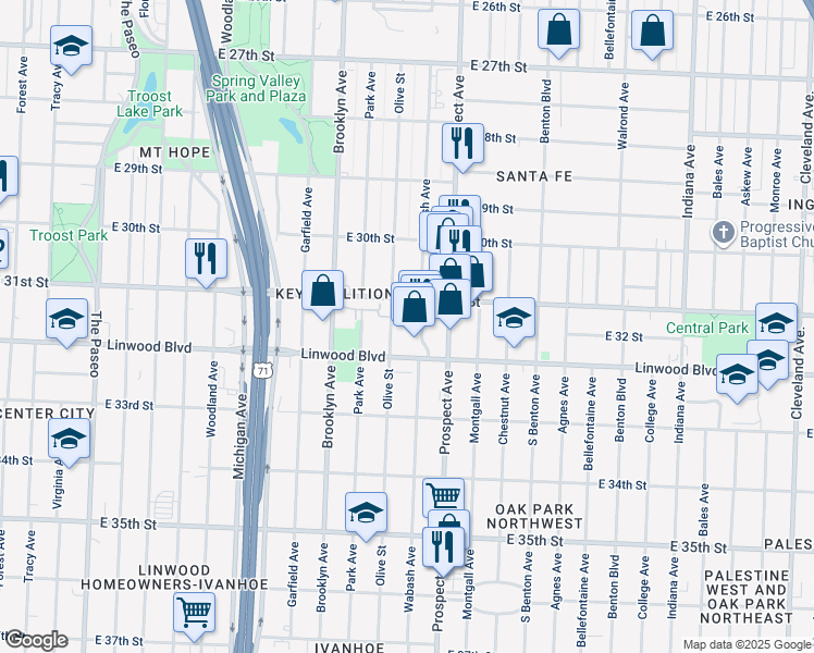 map of restaurants, bars, coffee shops, grocery stores, and more near 3110 Prospect Avenue in Kansas City