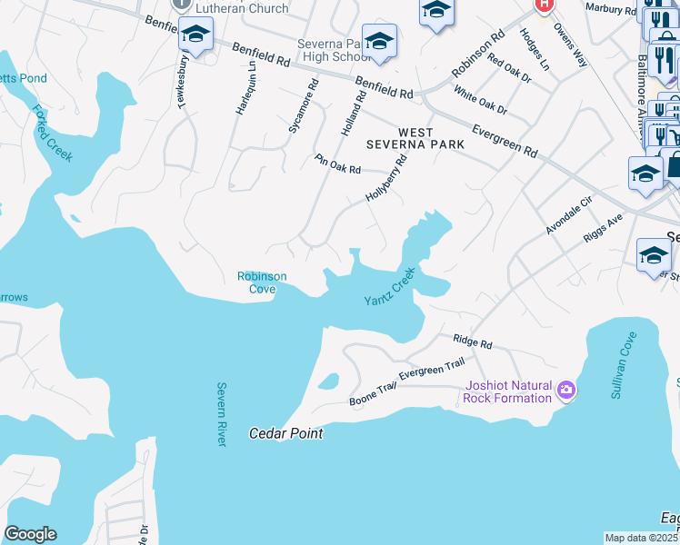 map of restaurants, bars, coffee shops, grocery stores, and more near 508 Ashberry Lane in Severna Park
