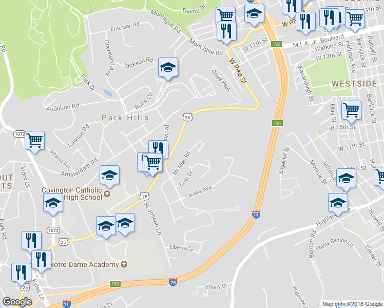 map of restaurants, bars, coffee shops, grocery stores, and more near 1109 Mount Allen Road in Park Hills