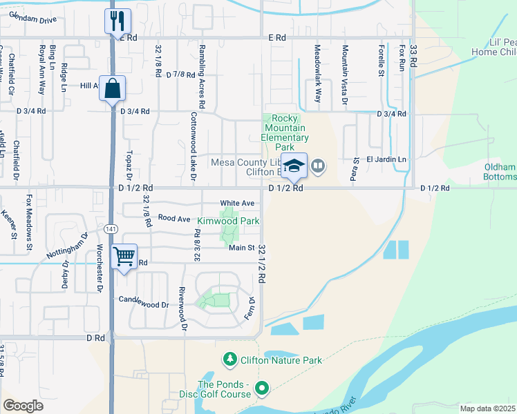 map of restaurants, bars, coffee shops, grocery stores, and more near 3 32 1/2 Road in Clifton