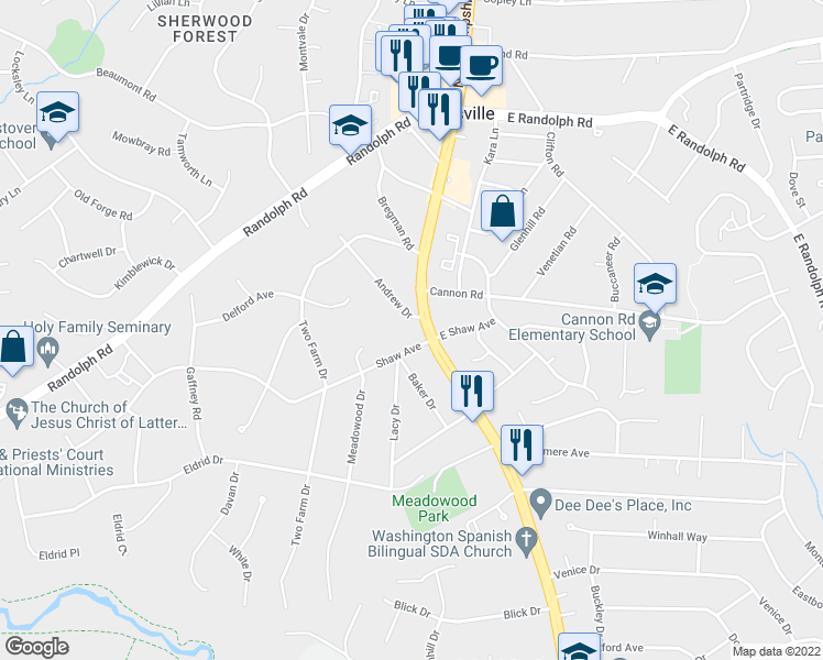 map of restaurants, bars, coffee shops, grocery stores, and more near 13010 New Hampshire Avenue in Silver Spring