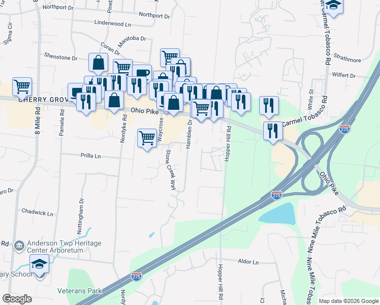 map of restaurants, bars, coffee shops, grocery stores, and more near 3998 Hamblen Drive in Cincinnati