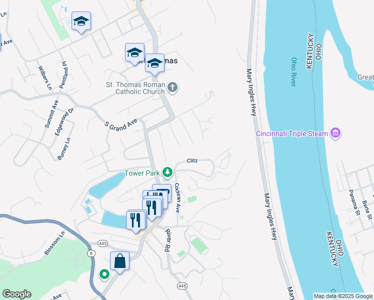 map of restaurants, bars, coffee shops, grocery stores, and more near 59 Altamont Court in Fort Thomas